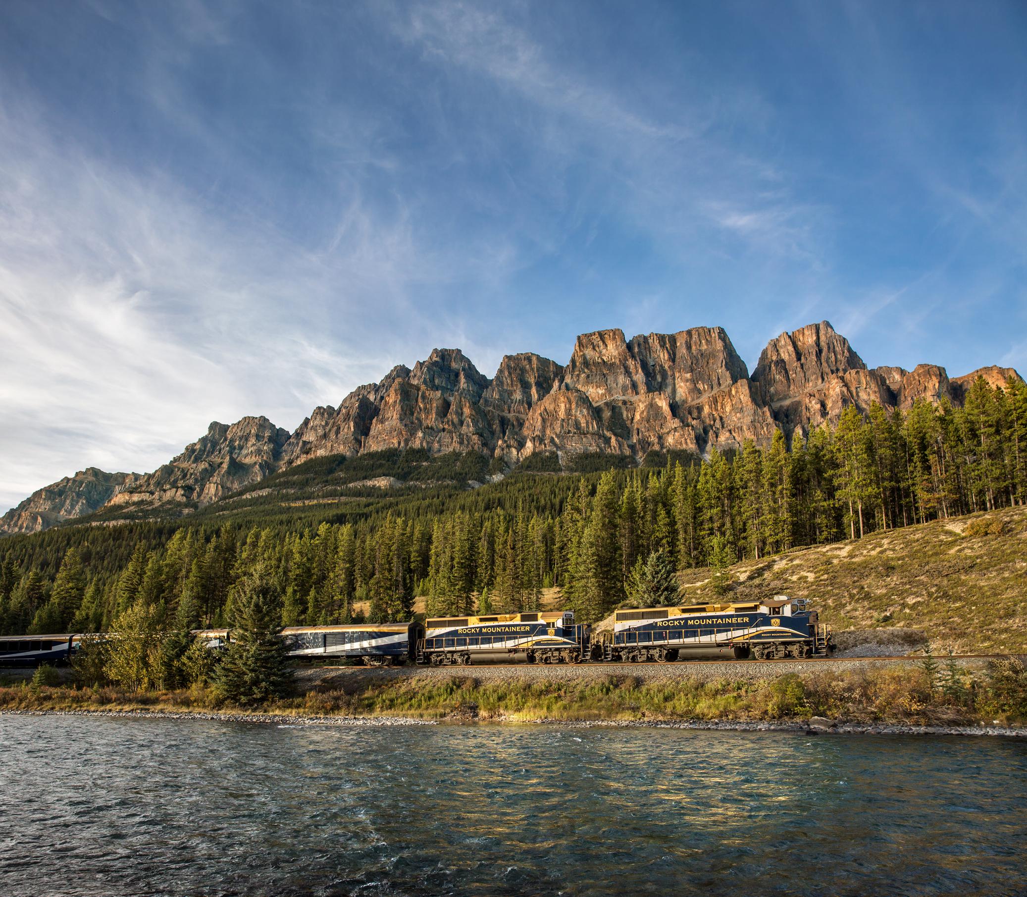 Rocky Mountaineer passing Castle Mountain