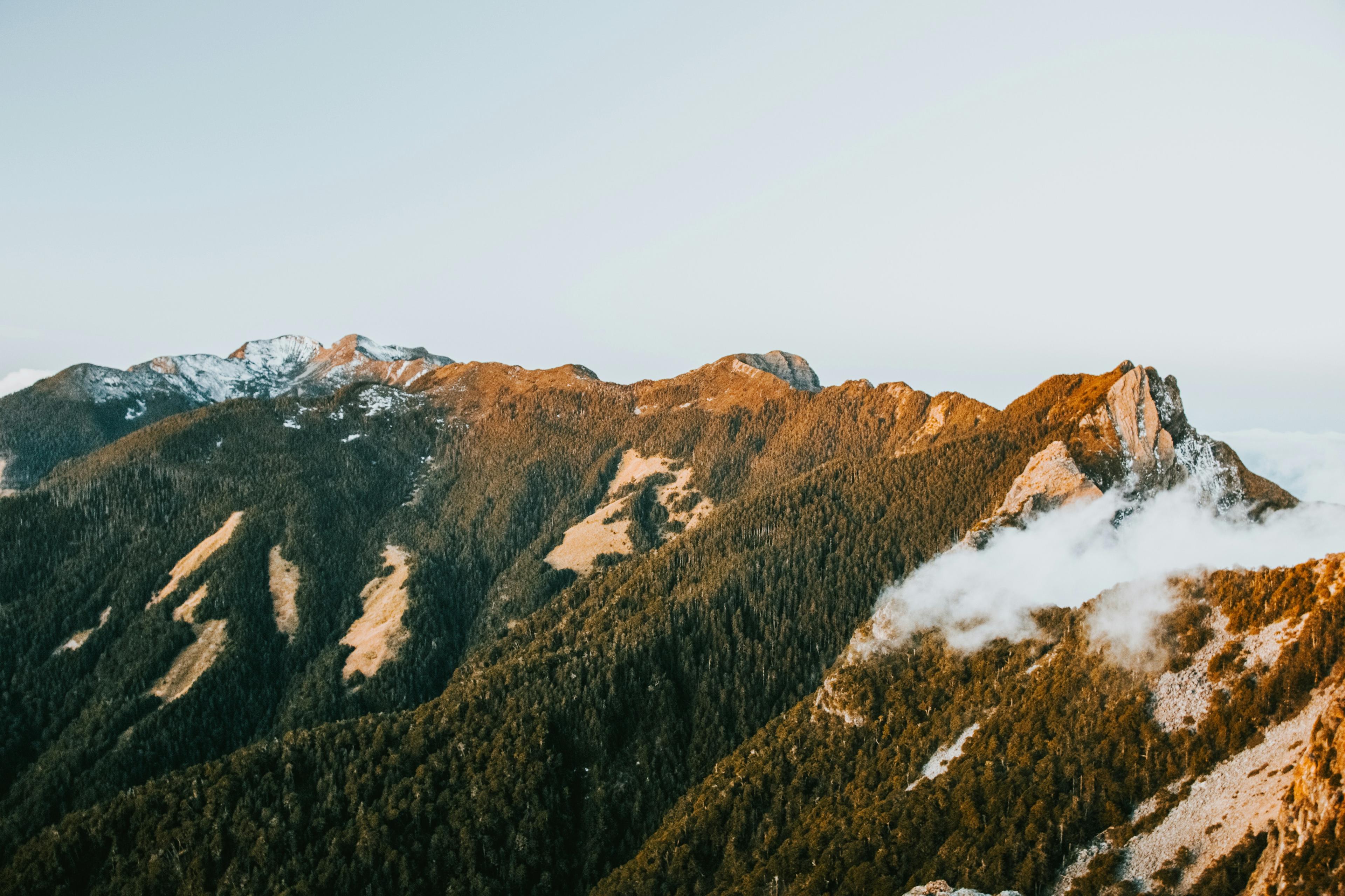 Sunlit mountain slopes, forest, and drifting clouds in British Columbia